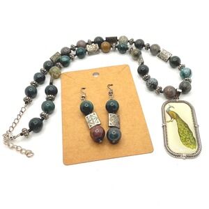 Indian Agate Gemstone Beaded Necklace with Peacock Pendant Matching Earrings‎